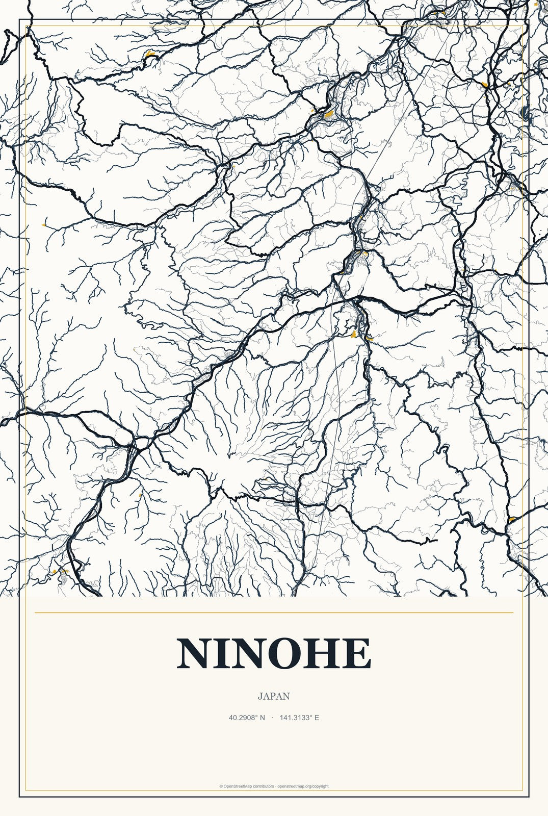 Ninohe, Japan City Map Aluminum Sign in Citrine Modern style
