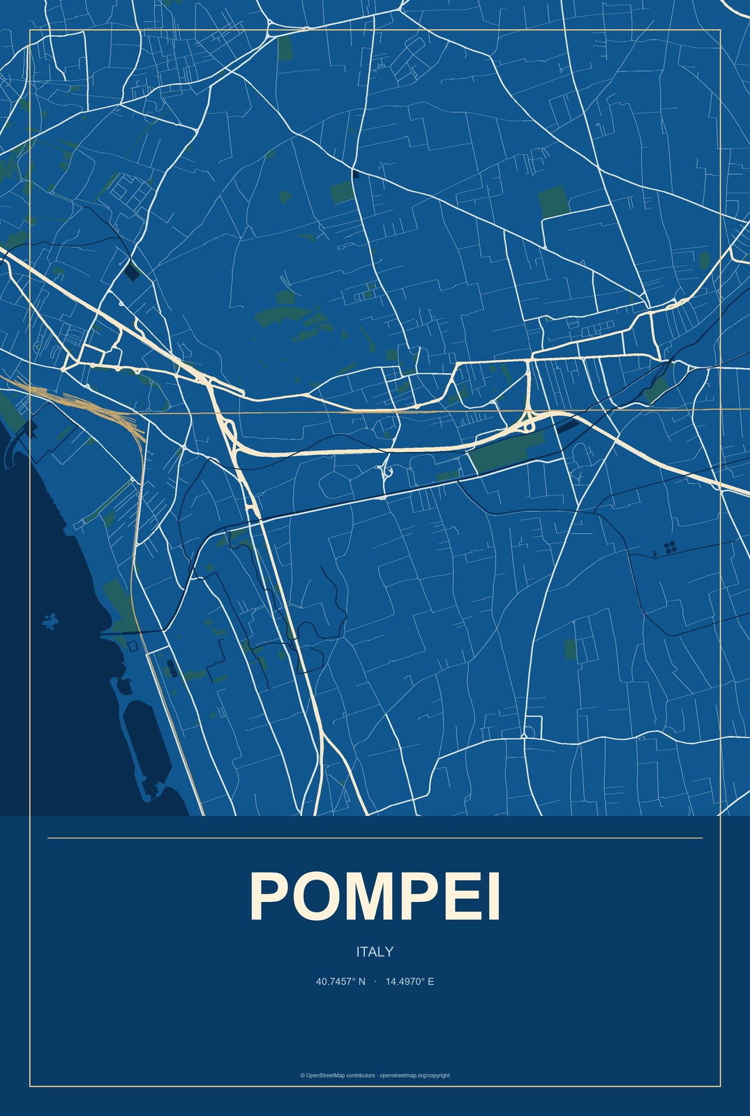 Pompei, Italy City Map Aluminum Sign in Harbor Cobalt style
