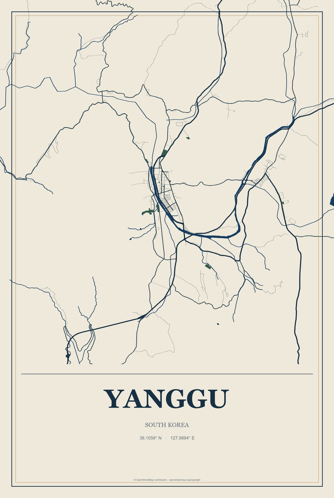 Yanggu, South Korea City Map Aluminum Sign in Coastal Cutout style