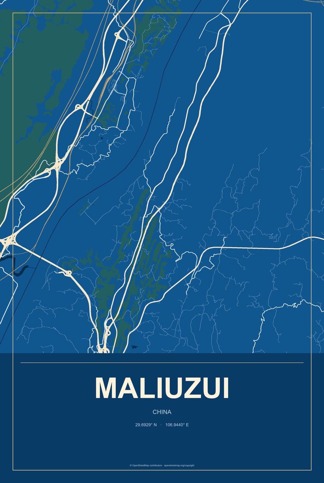 Maliuzui, China City Map Aluminum Sign in Harbor Cobalt style