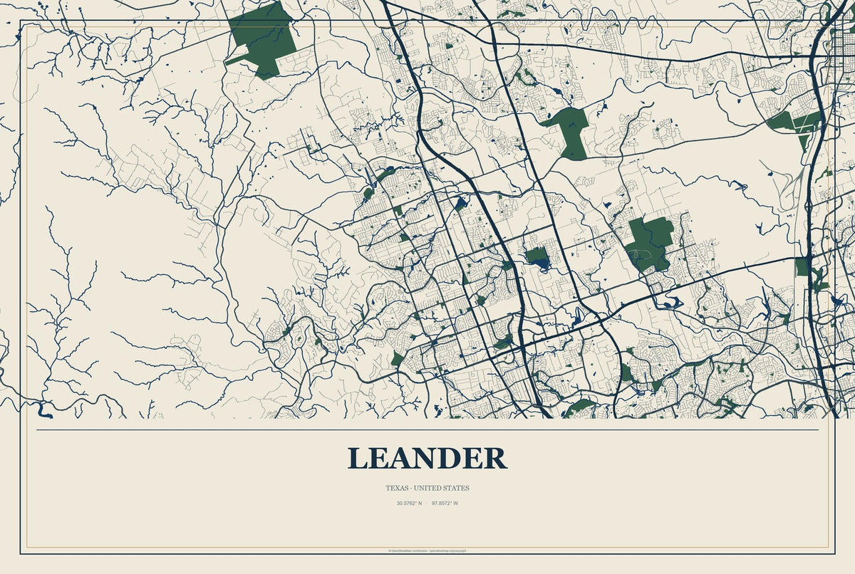 Leander, Texas City Map Aluminum Sign in Coastal Cutout style