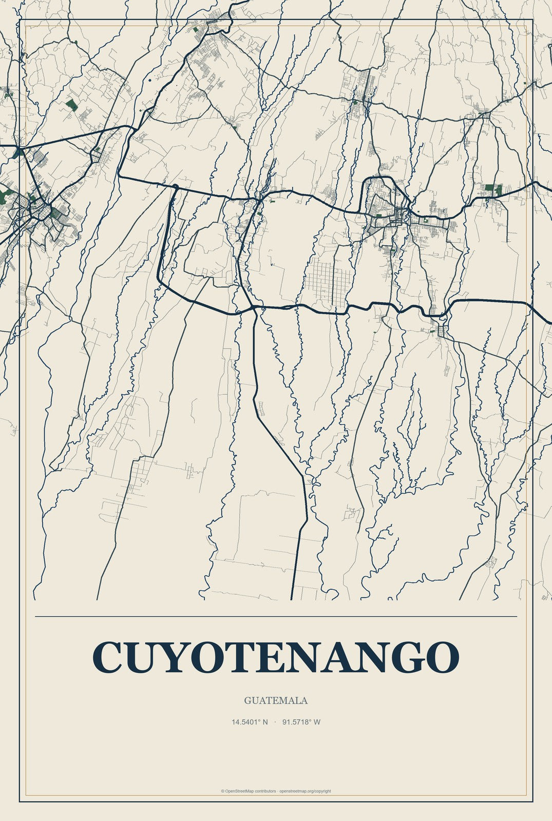 Cuyotenango, Guatemala City Map Aluminum Sign in Coastal Cutout style