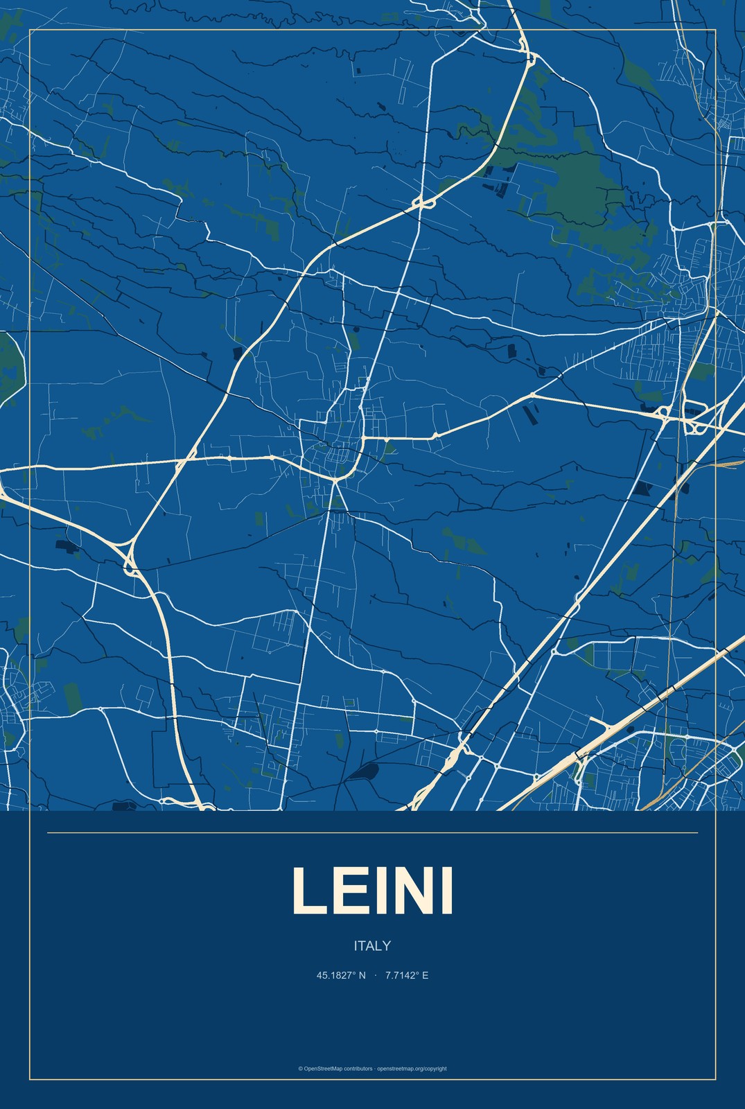 Leini, Italy City Map Aluminum Sign in Harbor Cobalt style