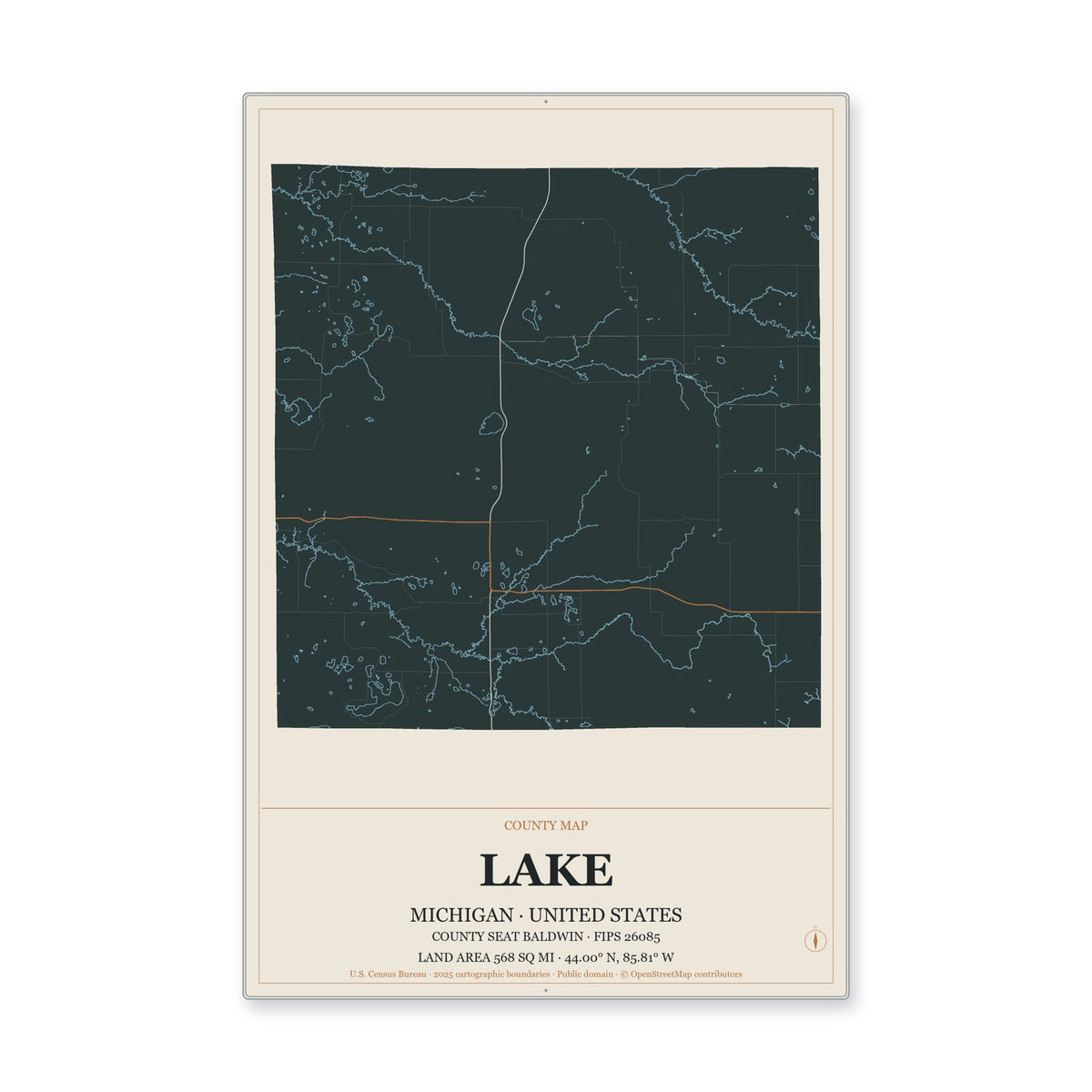 Lake County, Michigan Map Aluminum Sign in Headline Atlas style