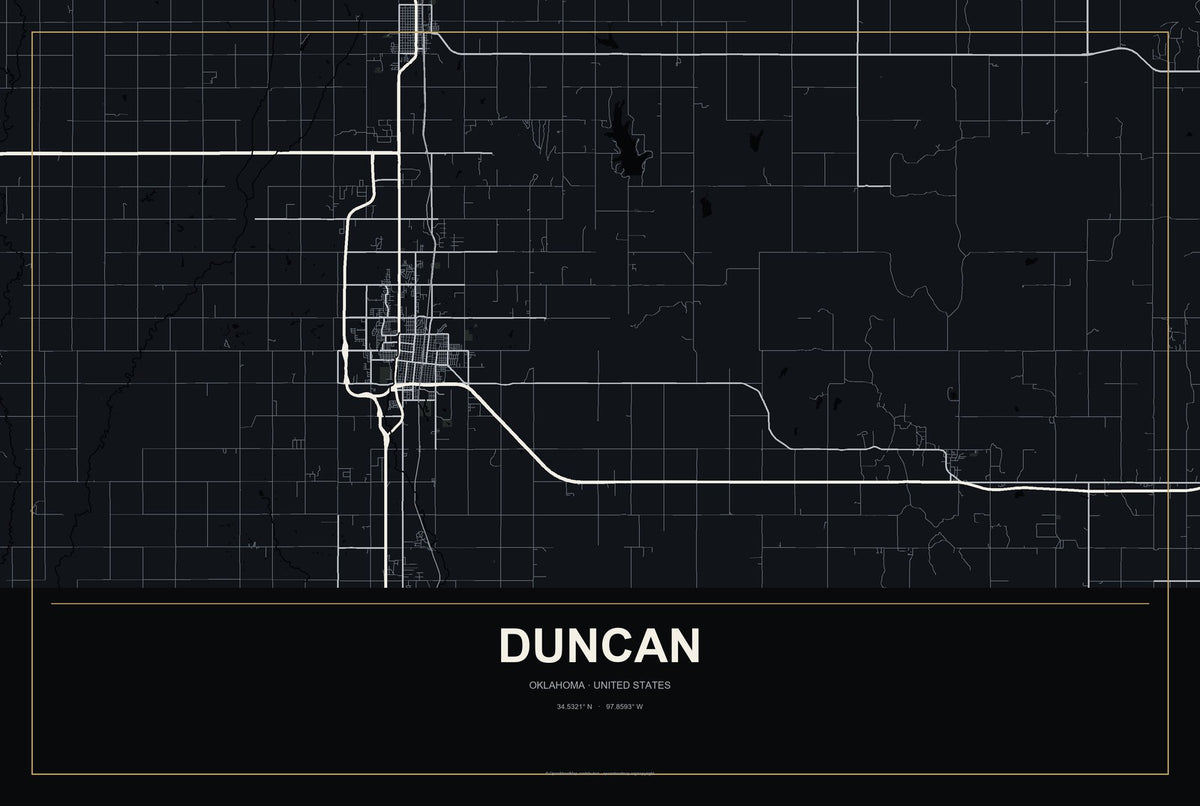 Duncan, Oklahoma City Map Aluminum Sign in Metropolitan Noir style