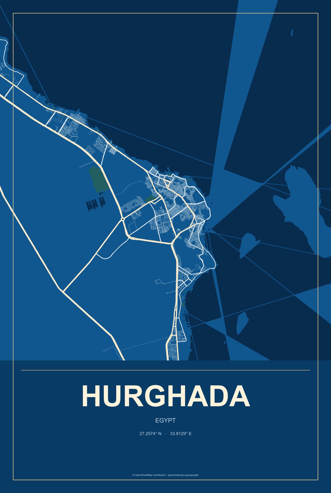 Hurghada, Egypt City Map Aluminum Sign in Harbor Cobalt style