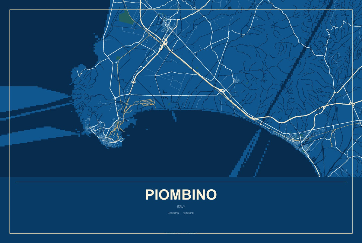 Piombino, Italy City Map Aluminum Sign in Harbor Cobalt style