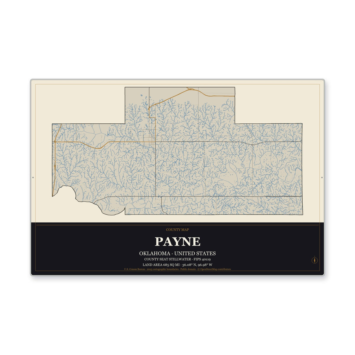 Payne County, Oklahoma Map Aluminum Sign in Museum Plaque style