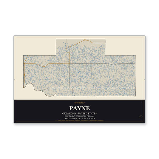 Payne County, Oklahoma Map Aluminum Sign in Museum Plaque style