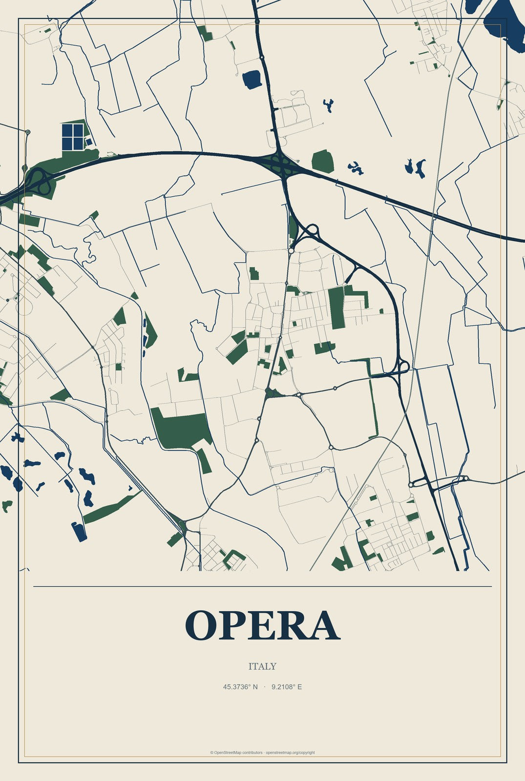 Opera, Italy City Map Aluminum Sign in Coastal Cutout style