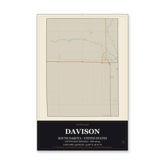 Davison County, South Dakota Map Aluminum Sign in Museum Plaque style