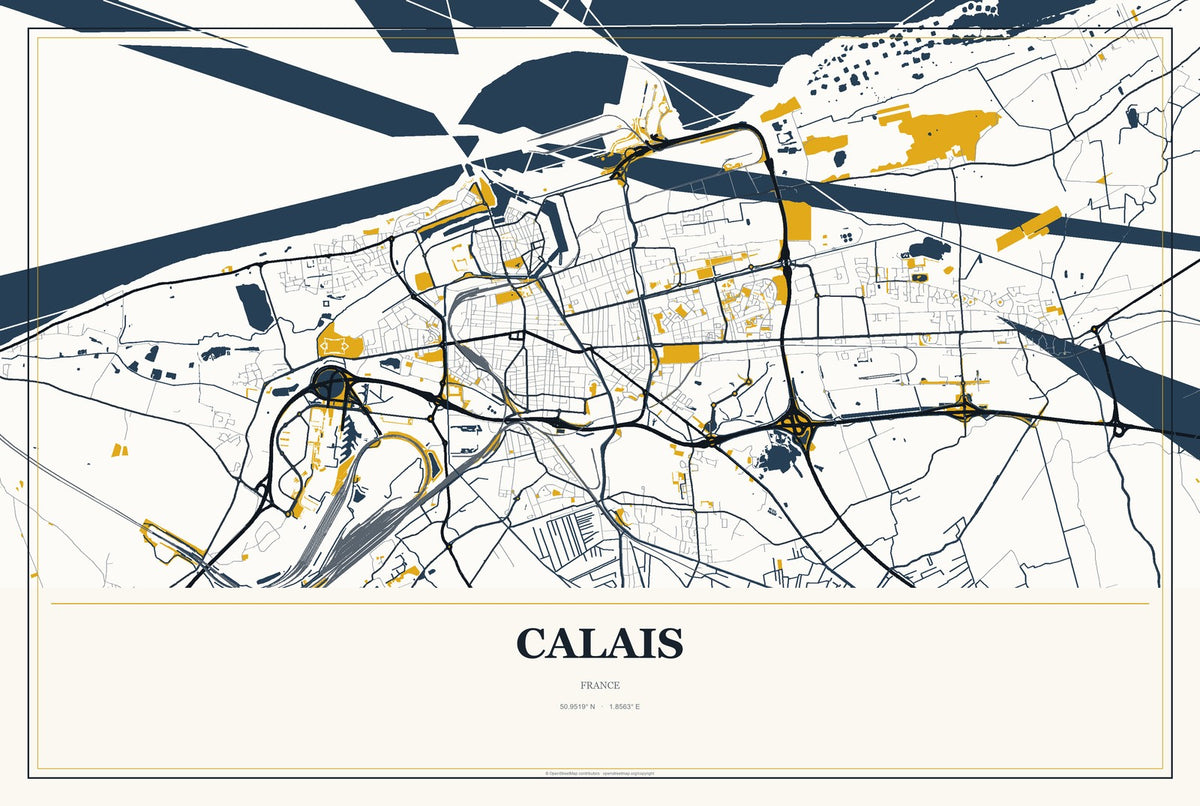 Calais, France City Map Aluminum Sign in Citrine Modern style
