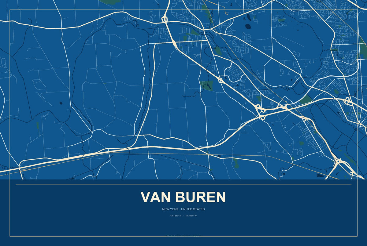 Van Buren, New York City Map Aluminum Sign in Harbor Cobalt style