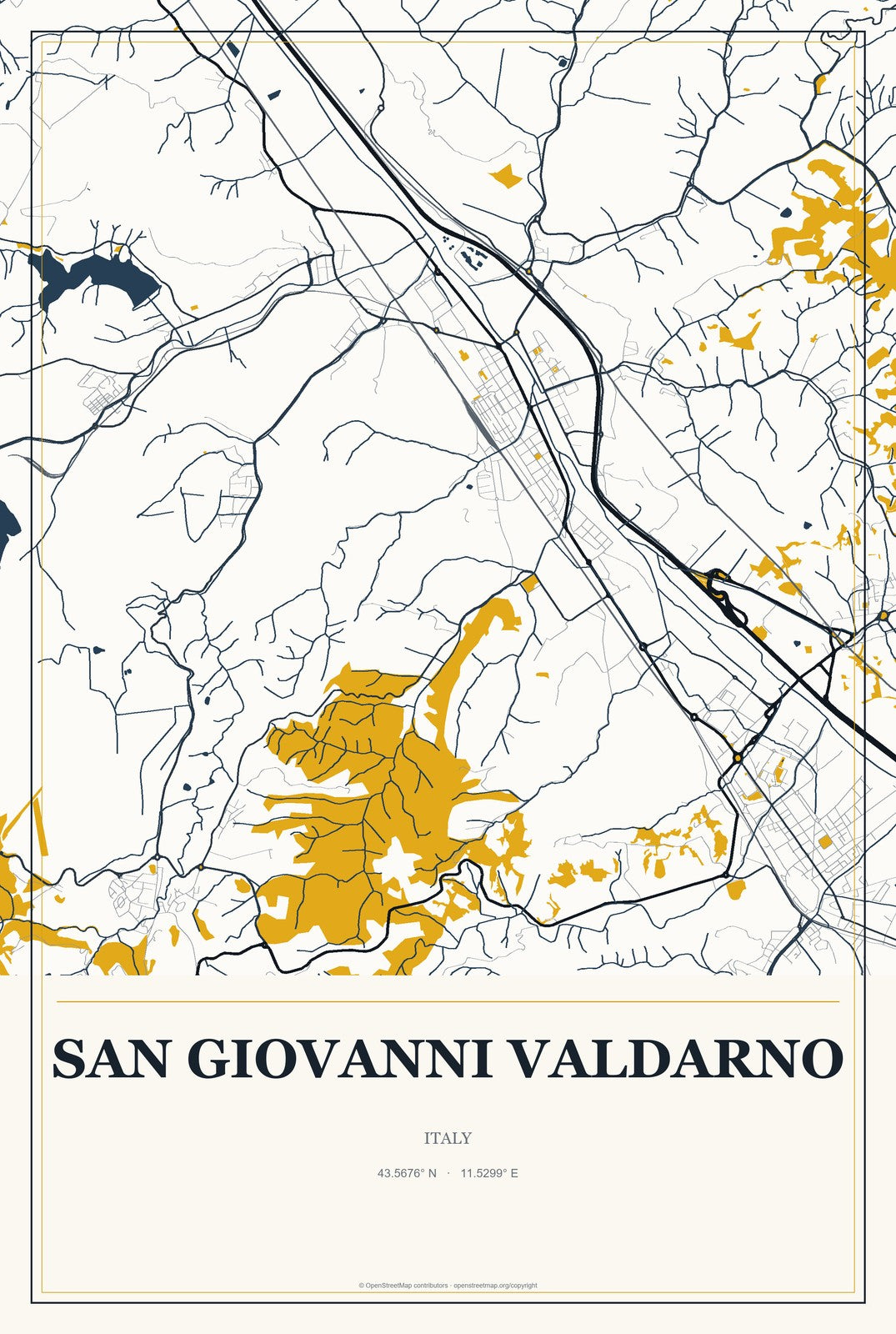 San Giovanni Valdarno, Italy City Map Aluminum Sign in Citrine Modern style