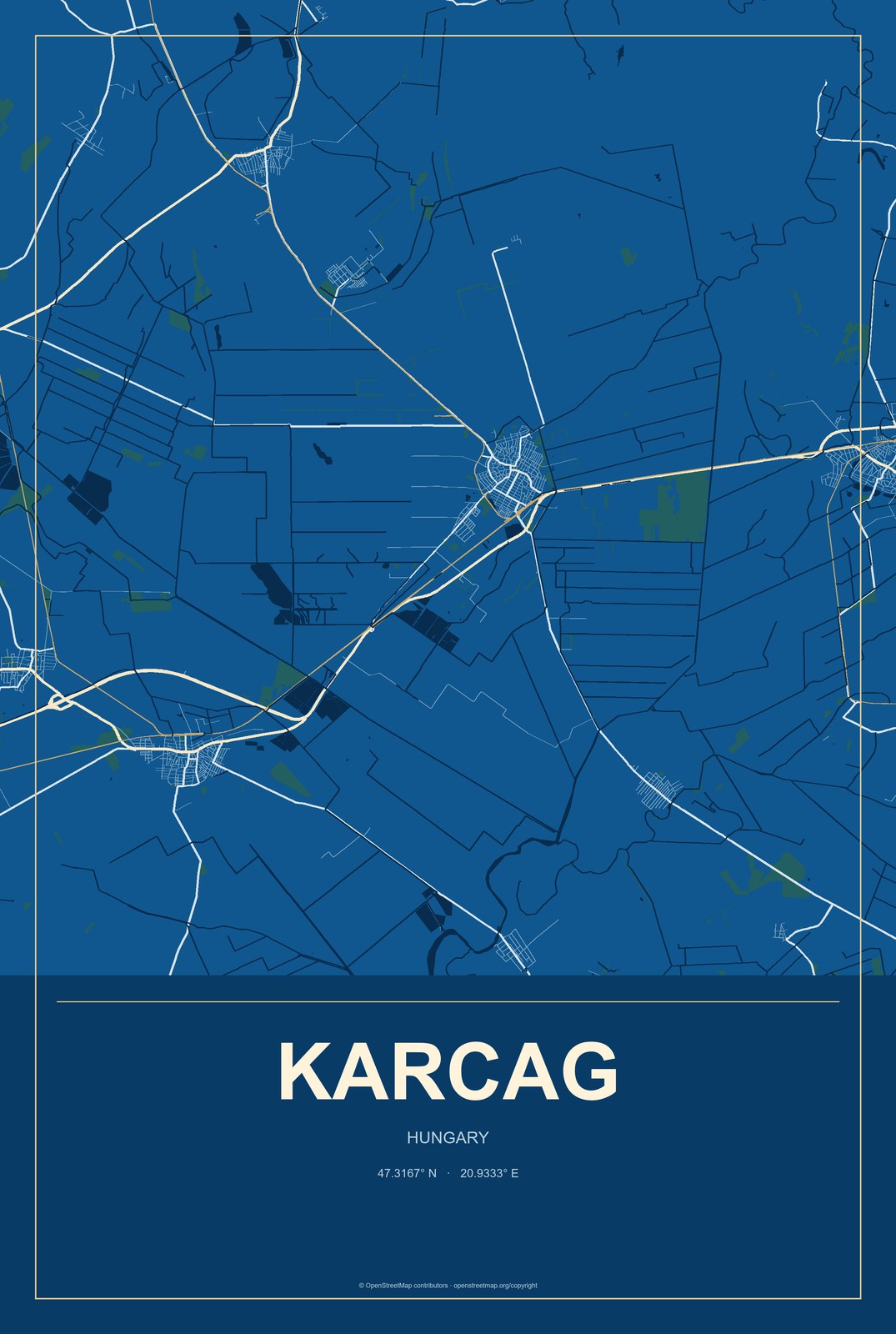 Karcag, Hungary City Map Aluminum Sign in Harbor Cobalt style
