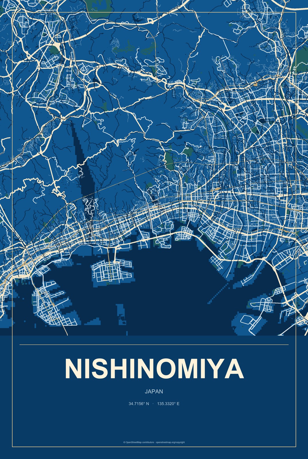 Nishinomiya, Japan City Map Aluminum Sign in Harbor Cobalt style