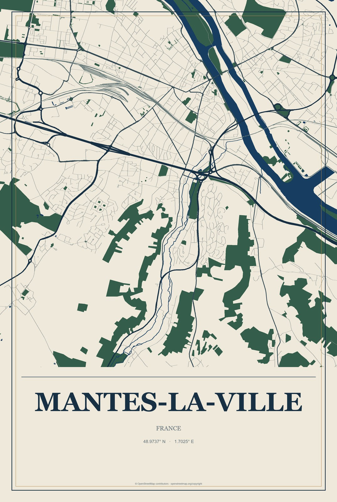 Mantes-la-Ville, France City Map Aluminum Sign in Coastal Cutout style