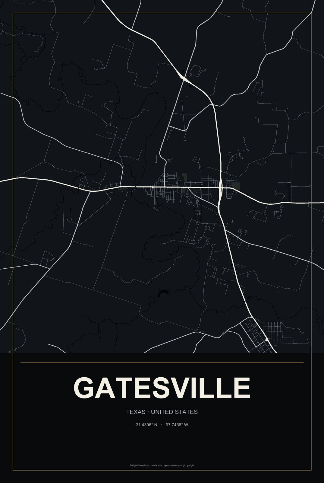 Gatesville, Texas City Map Aluminum Sign in Metropolitan Noir style