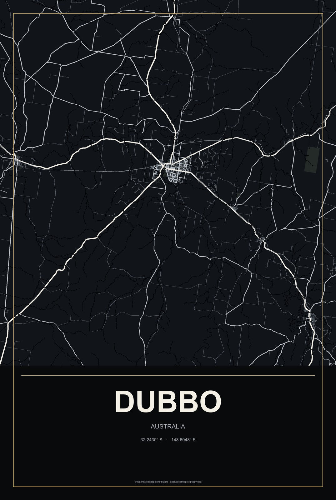 Dubbo, Australia City Map Aluminum Sign in Metropolitan Noir style