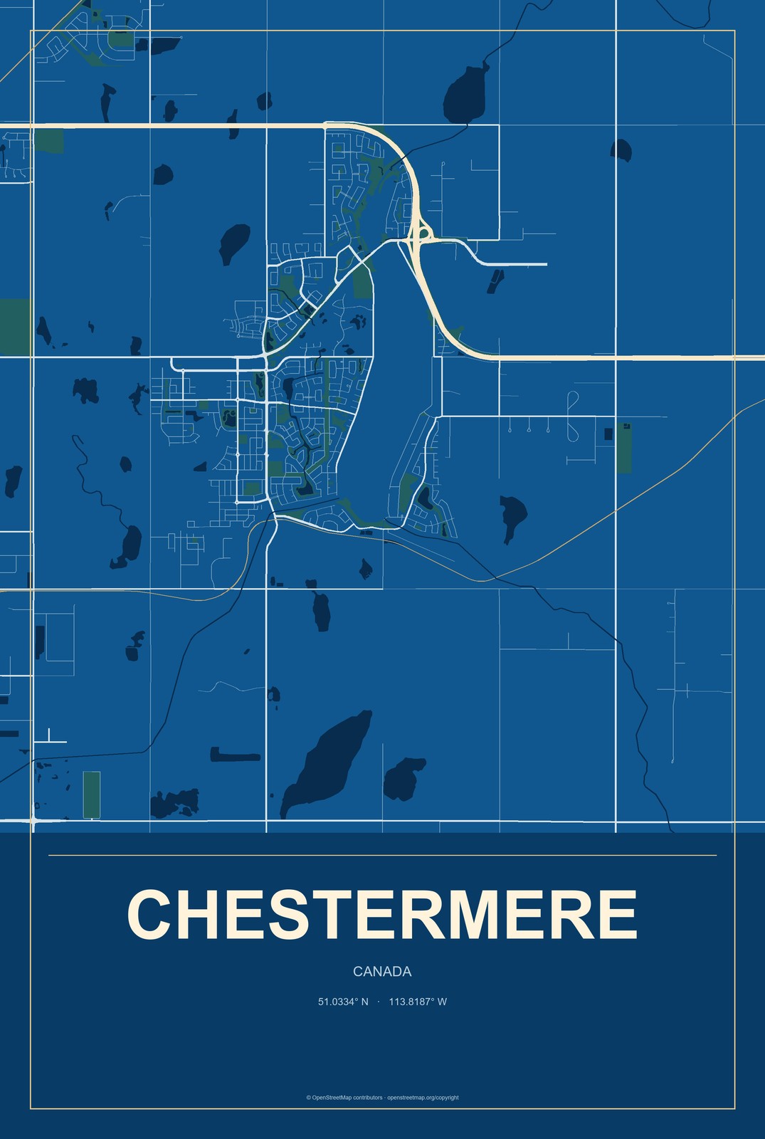 Chestermere, Canada City Map Aluminum Sign in Harbor Cobalt style