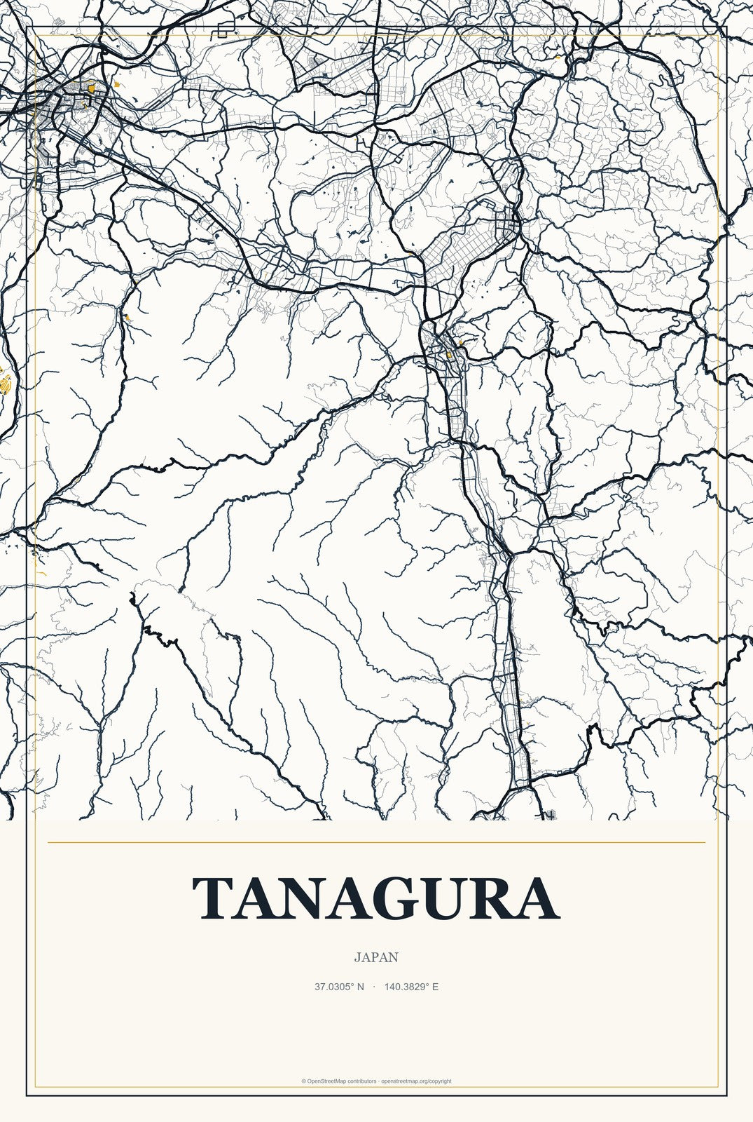Tanagura, Japan City Map Aluminum Sign in Citrine Modern style
