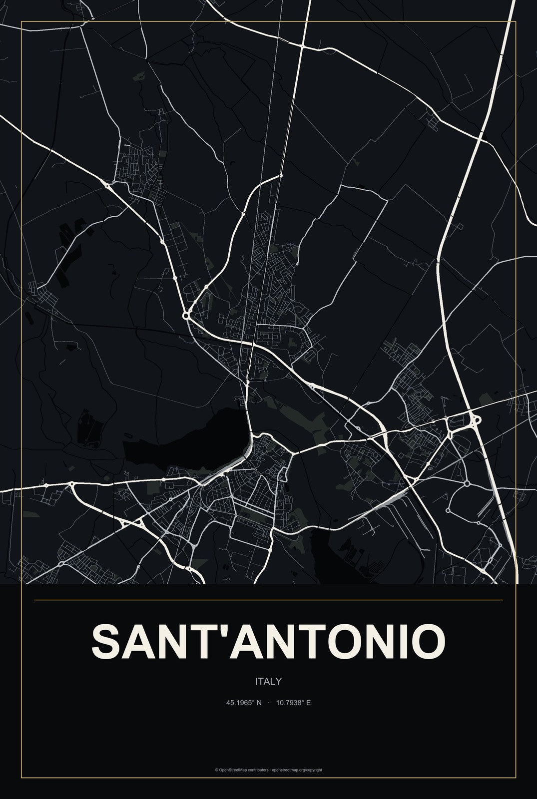Sant'Antonio, Italy City Map Aluminum Sign in Metropolitan Noir style