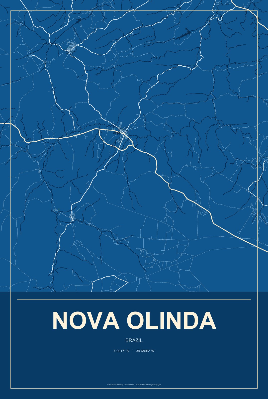 Nova Olinda, Tocantins, Brazil City Map Aluminum Sign in Harbor Cobalt style