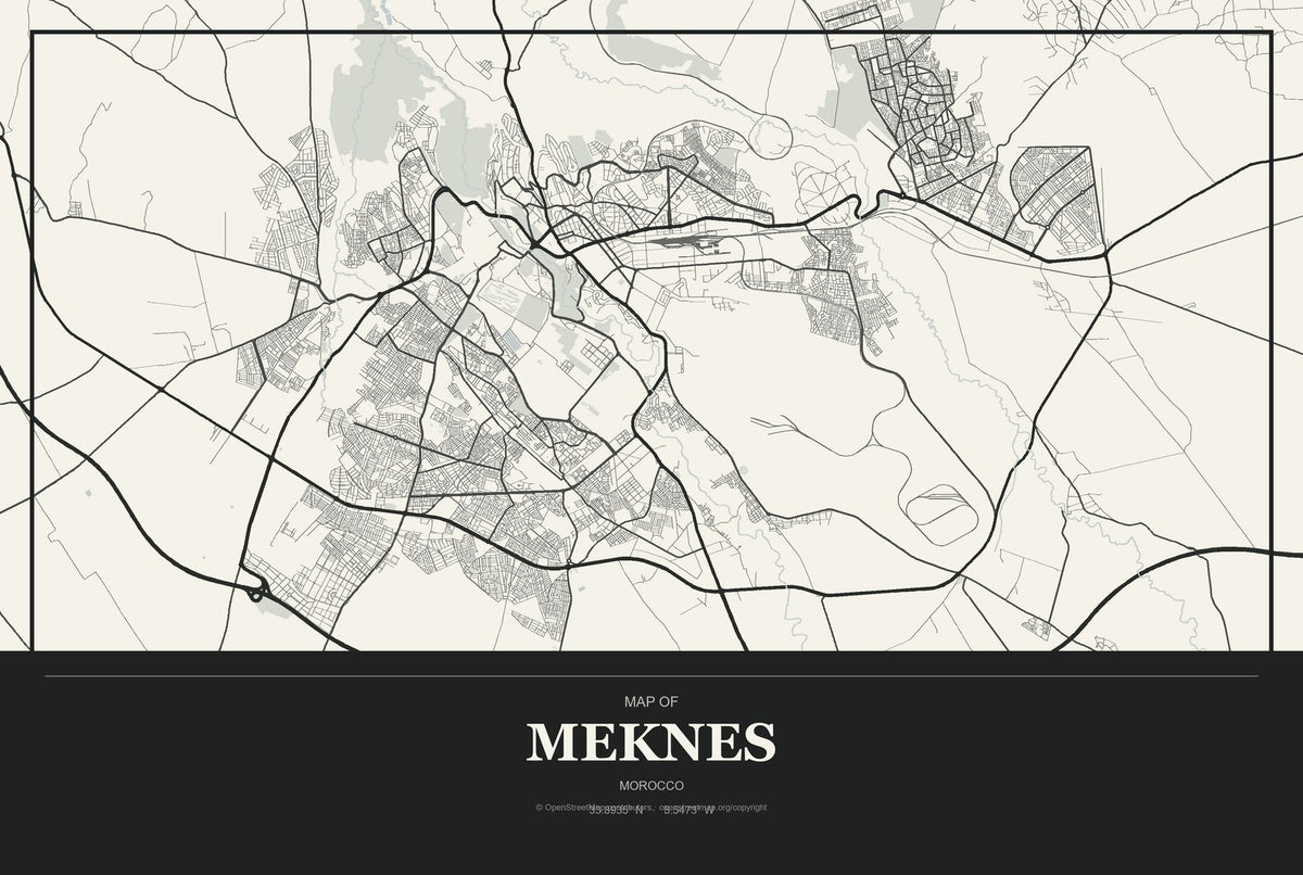 Meknes, Morocco City Map Aluminum Sign in Museum Plaque style