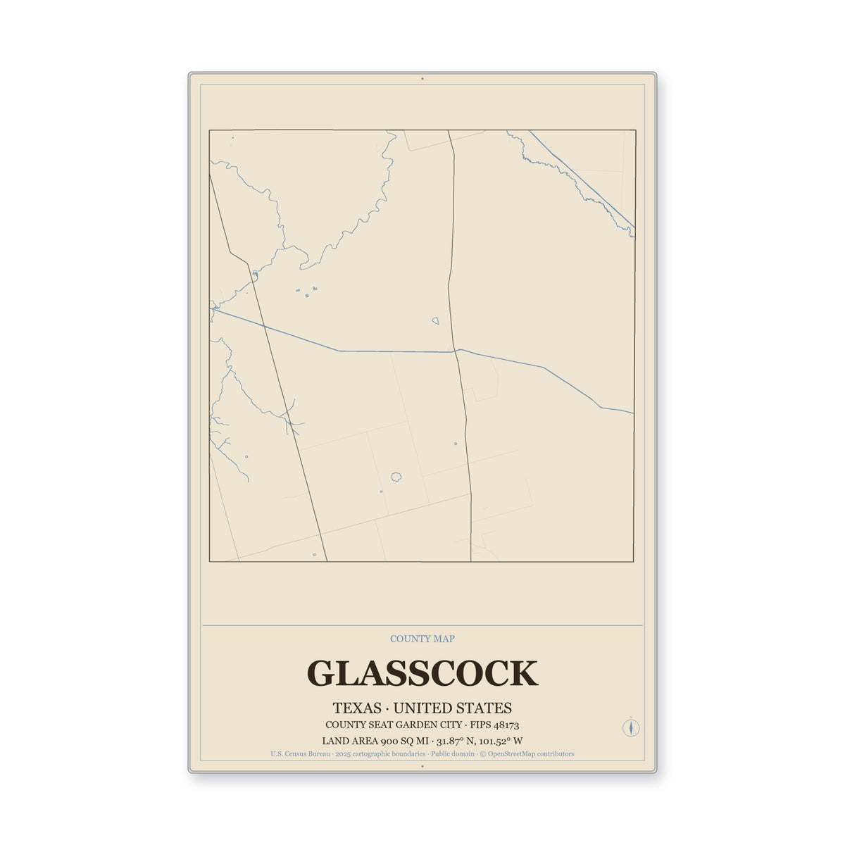Glasscock County, Texas Map Aluminum Sign in Heritage Nautical style