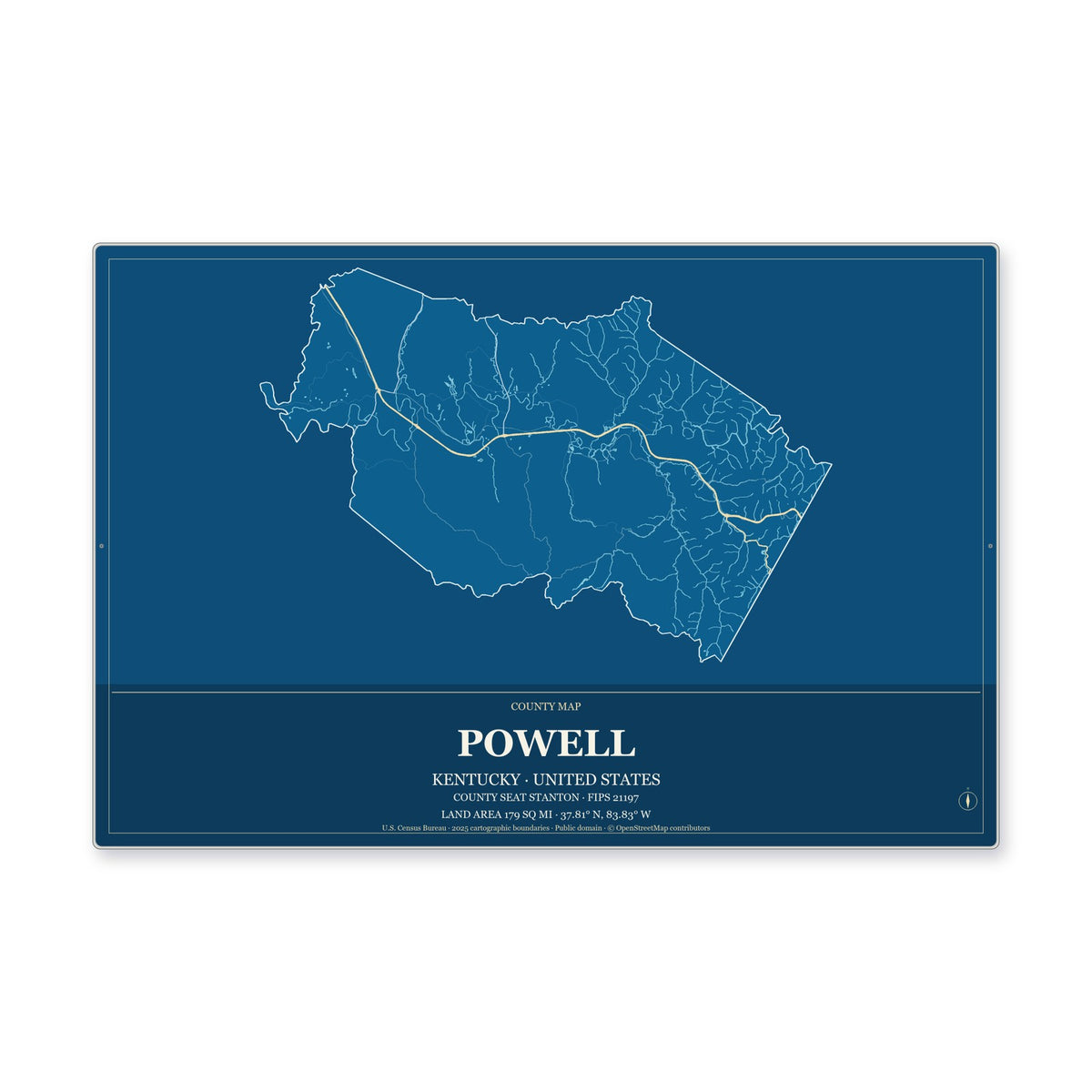 Powell County, Kentucky Map Aluminum Sign in Harbor Cobalt style