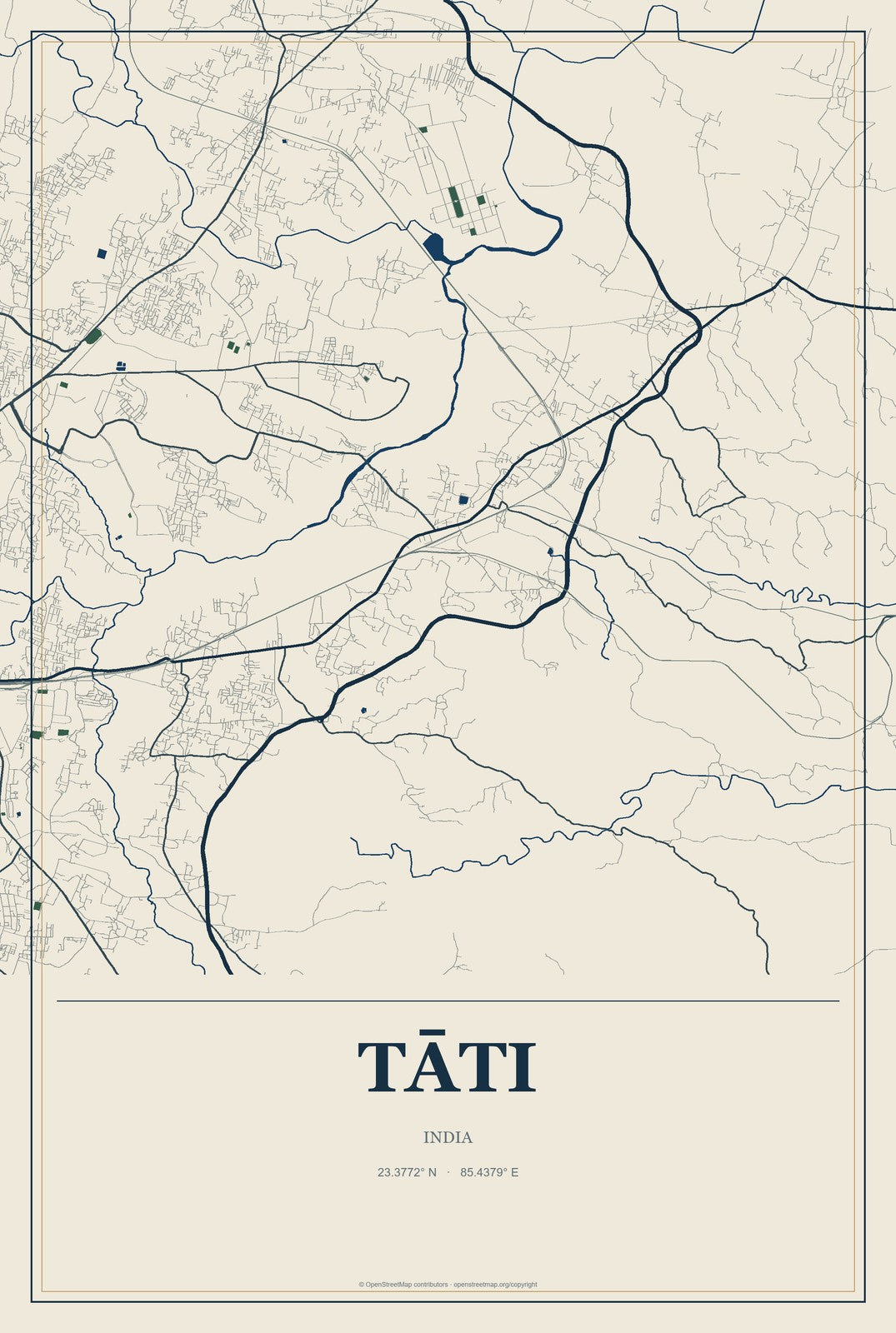 Tāti, India City Map Aluminum Sign in Coastal Cutout style