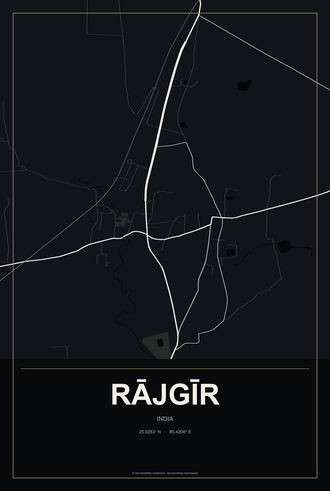 Rājgīr, India City Map Aluminum Sign in Metropolitan Noir style