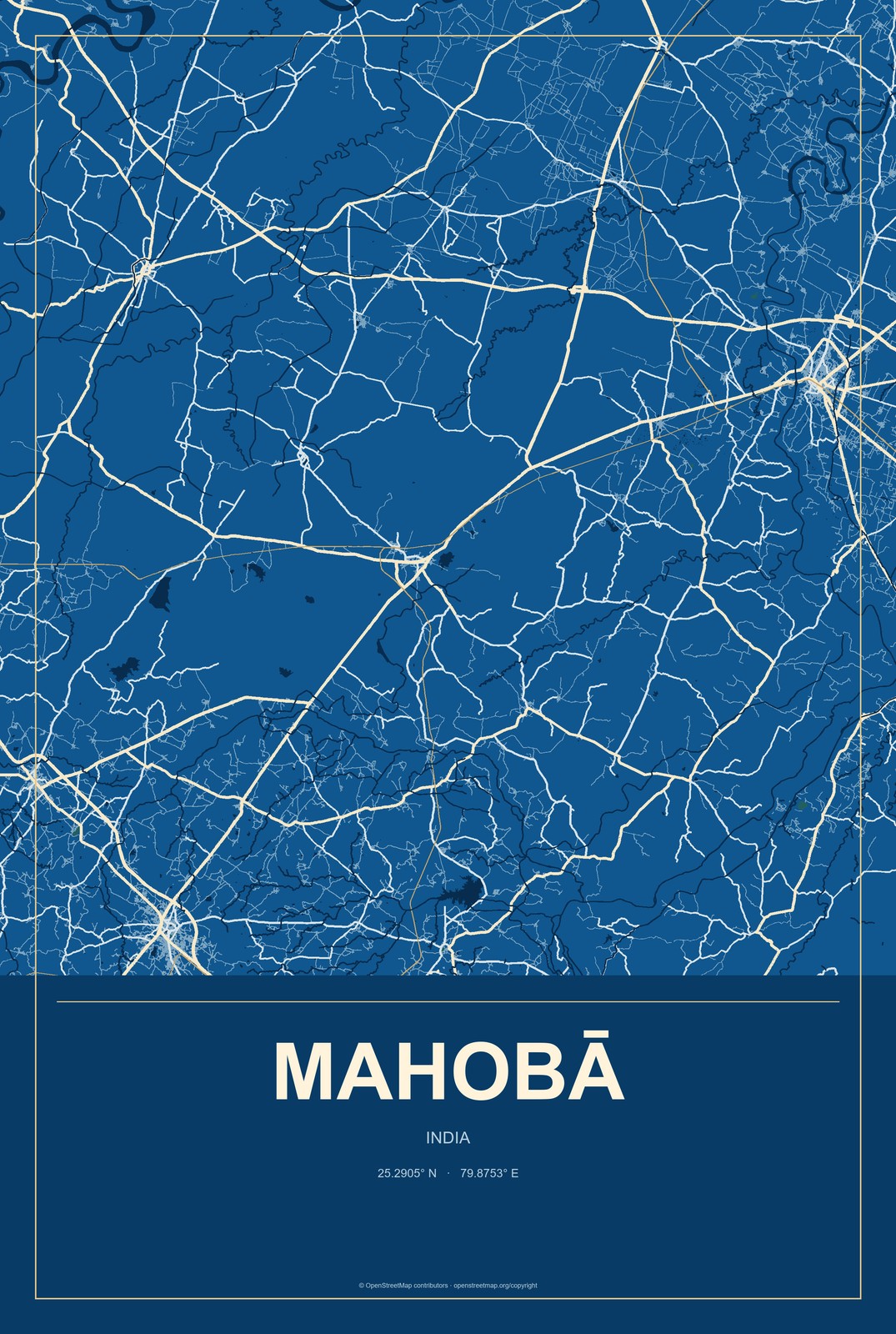 Mahobā, India City Map Aluminum Sign in Harbor Cobalt style