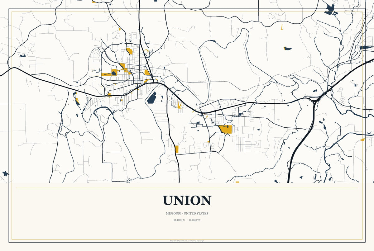 Union, Missouri City Map Aluminum Sign in Citrine Modern style