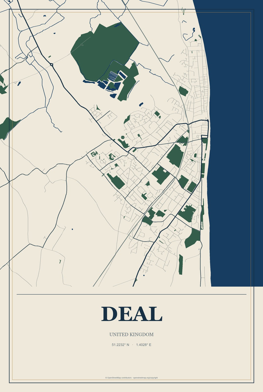Deal, United Kingdom City Map Aluminum Sign in Coastal Cutout style