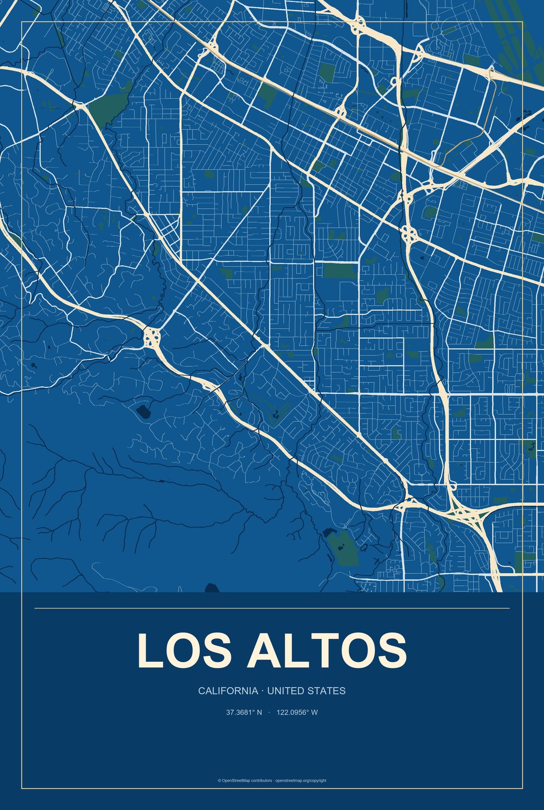 Los Altos, California City Map Aluminum Sign in Harbor Cobalt style