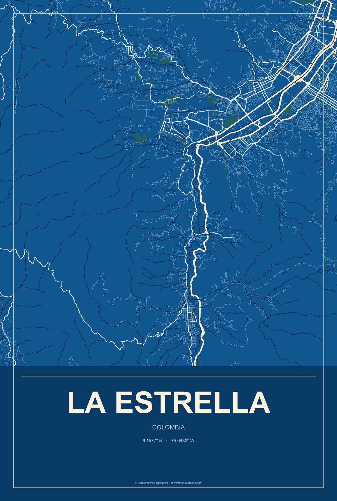 La Estrella, Colombia City Map Aluminum Sign in Harbor Cobalt style