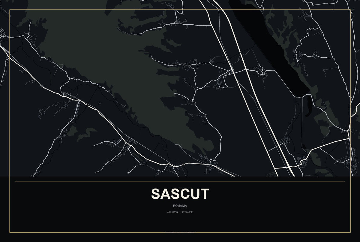 Sascut, Romania City Map Aluminum Sign in Metropolitan Noir style