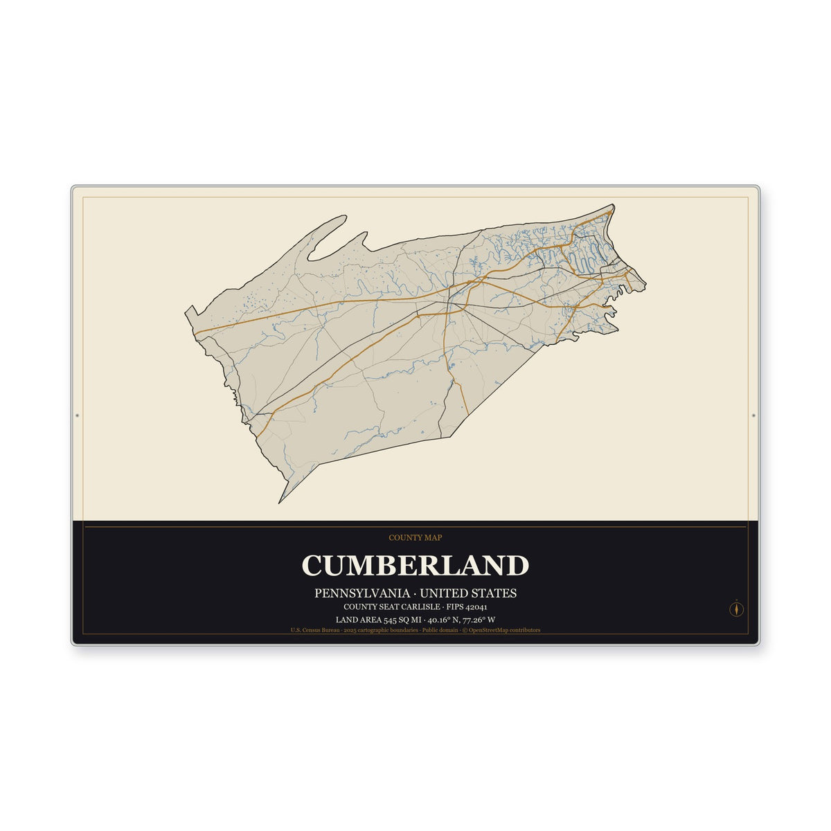 Cumberland County, Pennsylvania Map Aluminum Sign in Museum Plaque style