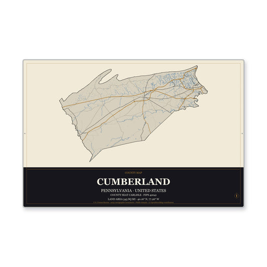 Cumberland County, Pennsylvania Map Aluminum Sign in Museum Plaque style