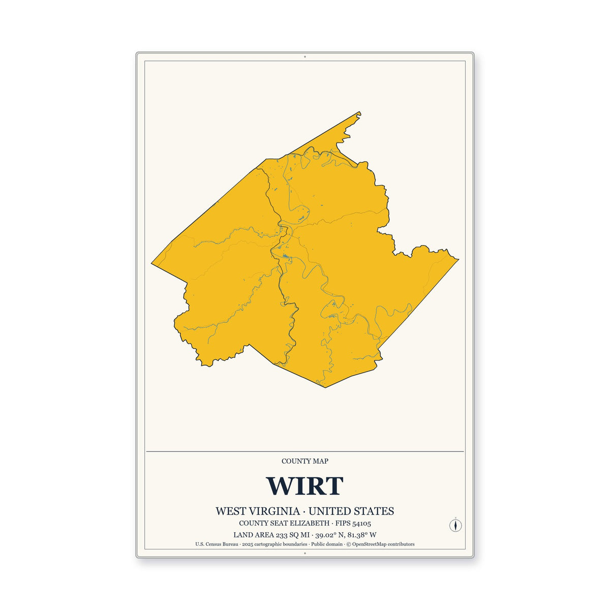 Wirt County, West Virginia Map Aluminum Sign in Citrine Modern style
