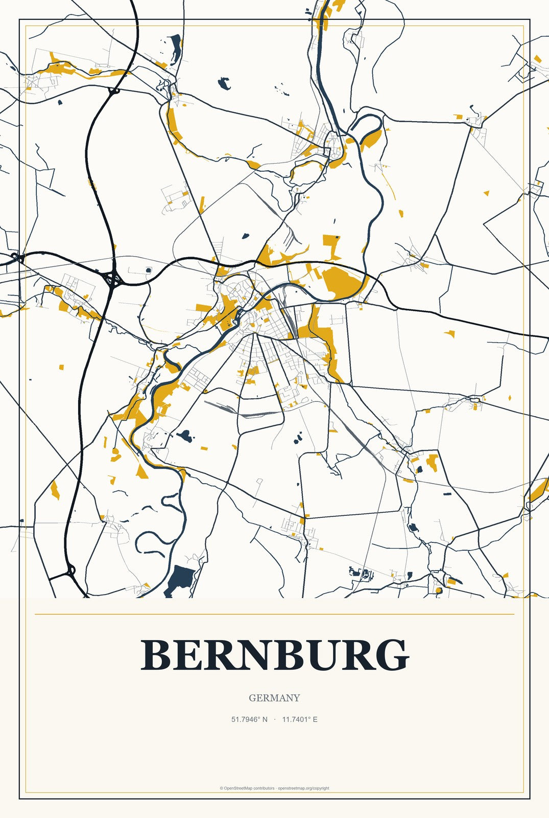 Bernburg, Germany City Map Aluminum Sign in Citrine Modern style