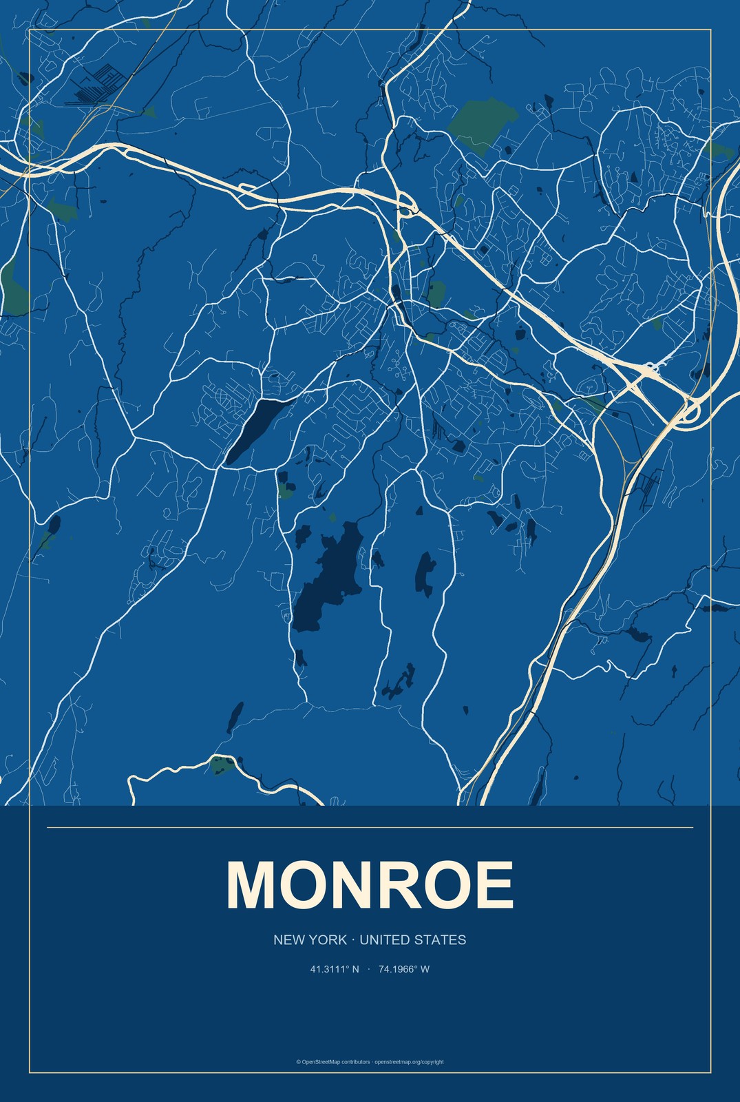 Monroe, New York City Map Aluminum Sign in Harbor Cobalt style