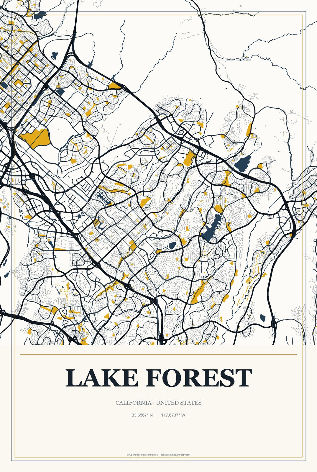 Lake Forest, California City Map Aluminum Sign in Citrine Modern style