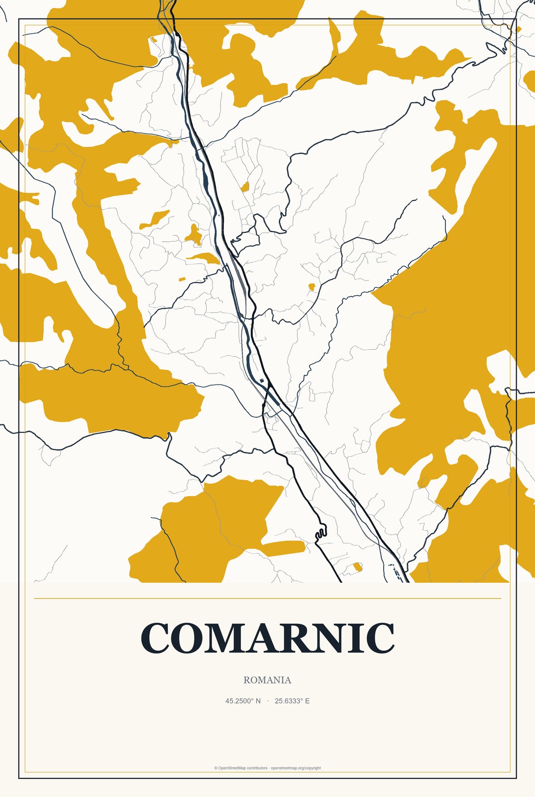 Comarnic, Romania City Map Aluminum Sign in Citrine Modern style