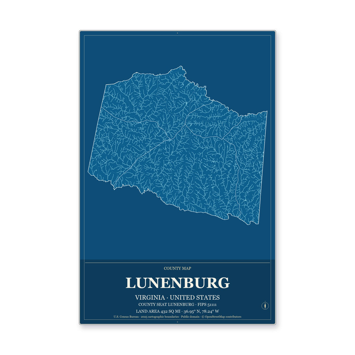 Lunenburg County, Virginia Map Aluminum Sign in Harbor Cobalt style