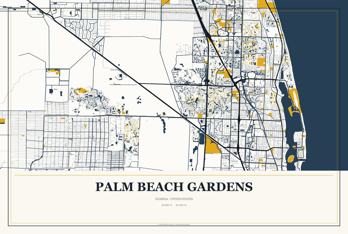 Palm Beach Gardens, Florida City Map Aluminum Sign in Citrine Modern style