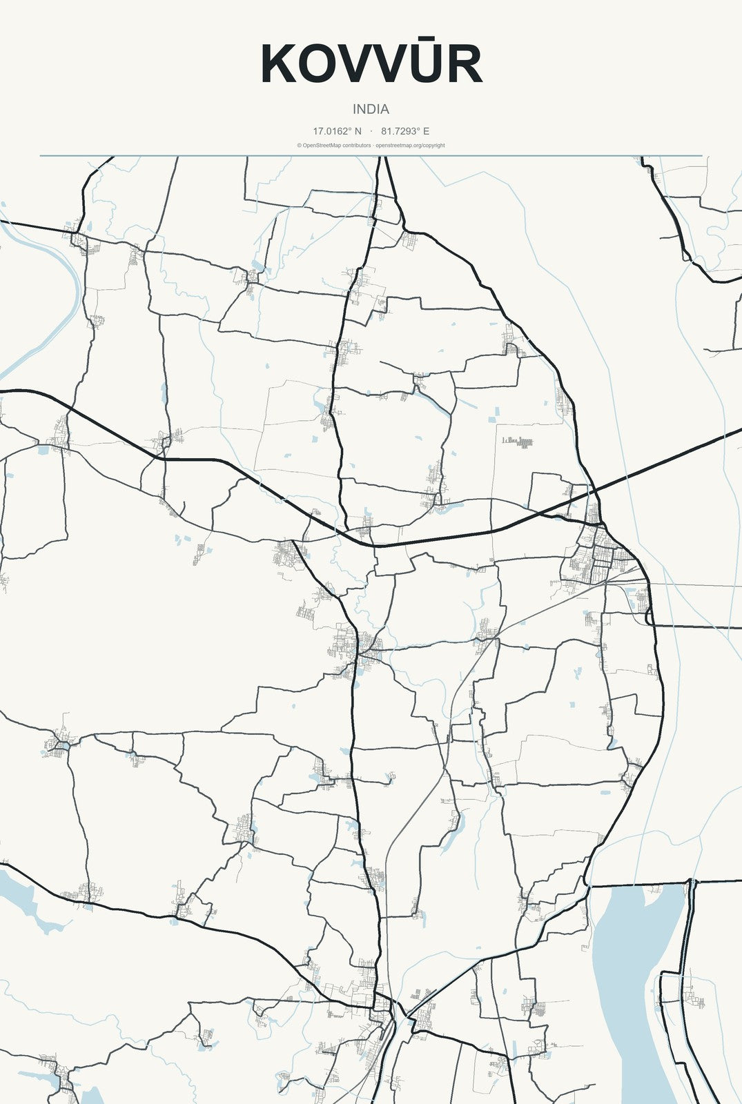 Kovvūr, India City Map Aluminum Sign in Headline Atlas style