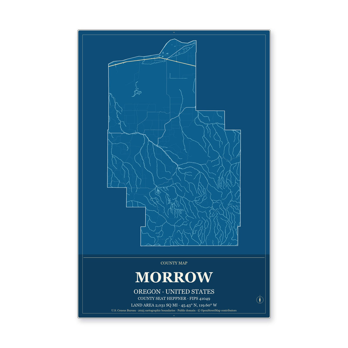 Morrow County, Oregon Map Aluminum Sign in Harbor Cobalt style