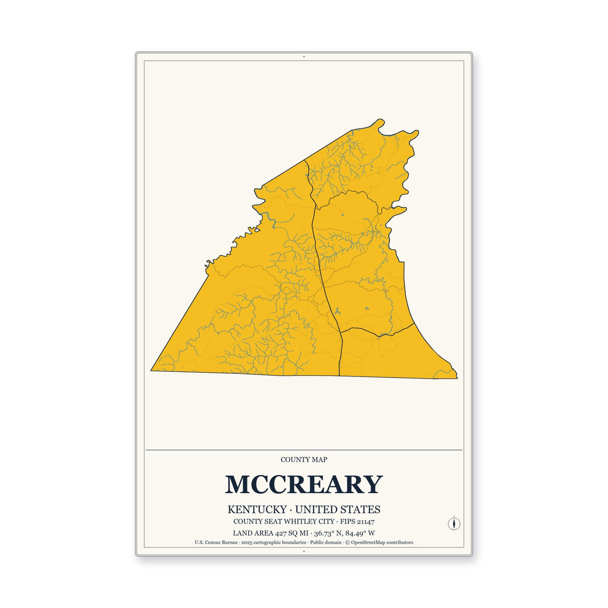 McCreary County, Kentucky Map Aluminum Sign in Citrine Modern style